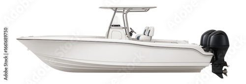 Center console boat with sleek fiberglass hull and dual outboard motors