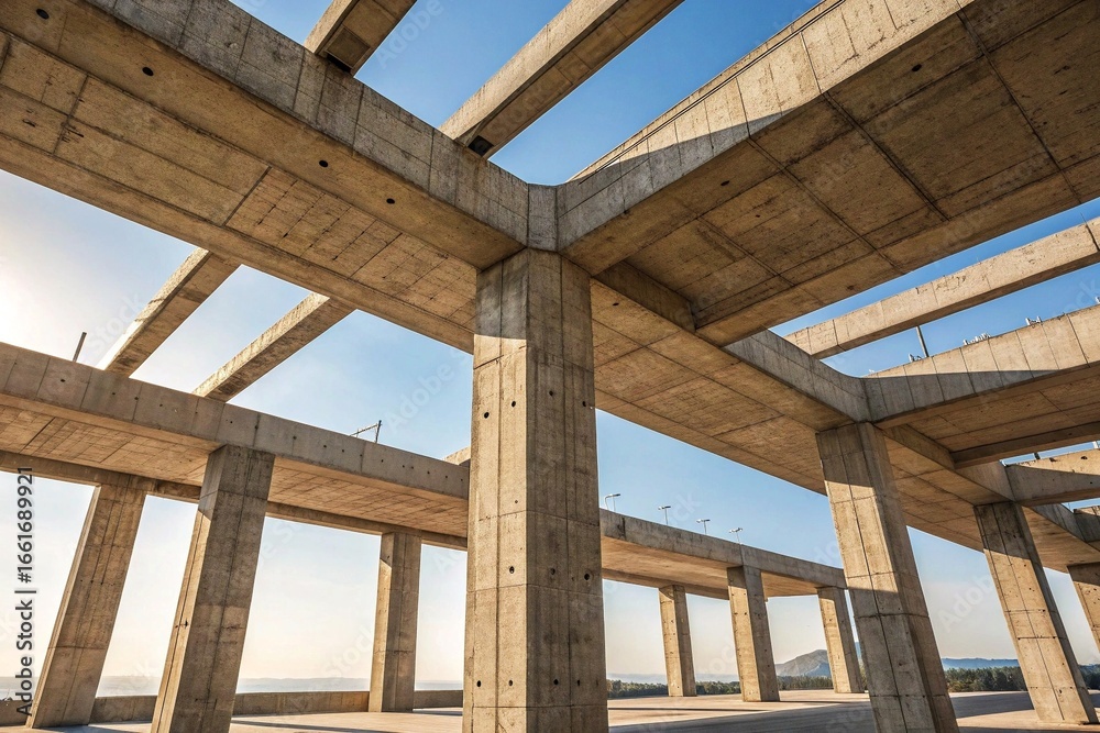 Obraz premium Concrete skeleton of a building under construction, featuring columns and beams against a blue sky.