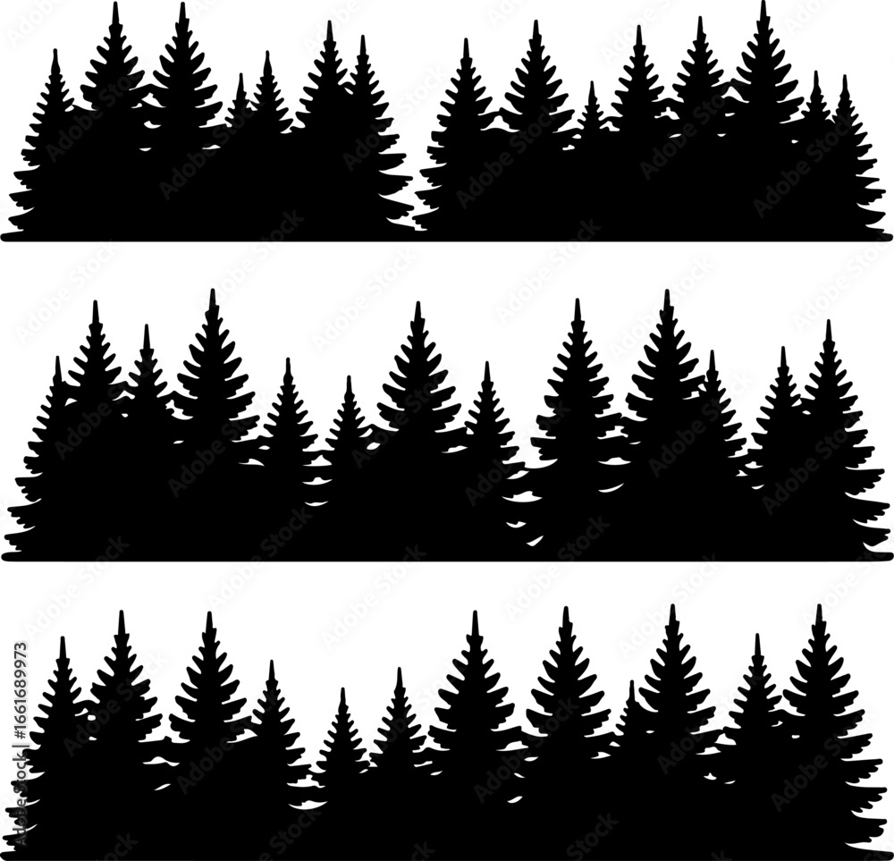 Obraz premium Three horizontal black silhouette strips of dense pine tree forests