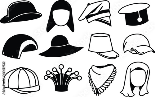 Vector art of collection of various hats and headwear styles.