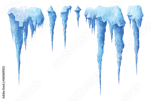 Set of watercolor ice icicles png.Hanging frozen icicles. Blue frozen ice. Winter natural ice elements. Set for illustration of big winter icicle.Vector illustration