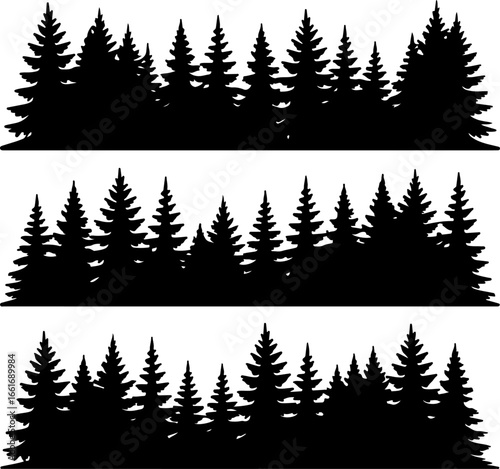 Three horizontal black silhouette strips of dense pine tree forests