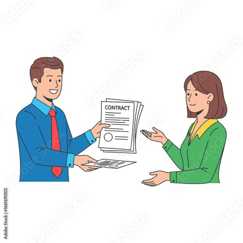 Business Contract Exchange: A man confidently hands over contract documents to a woman in a professional setting, highlighting the negotiation of legal matters and partnership. 