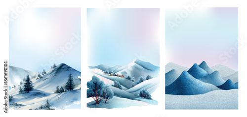 Watercolor set of cards with winter landscapes. Snowy mountains and snowdrifts, snowy hills with trees, fir trees and a cute house. Winter watercolor landscapes.