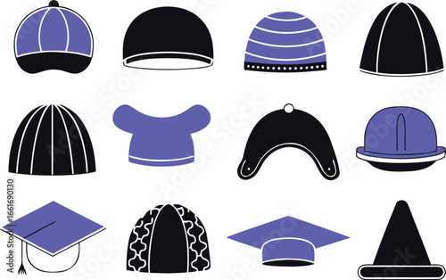 Vector art of a diverse collection of headwear and hats, including beanies, caps, and formal headgear, presented in various styles and colors.