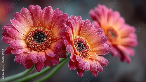Soft-Focus Pink Gerbera Daisies Macro: Dark Gray Background Blooming Petals Detail

