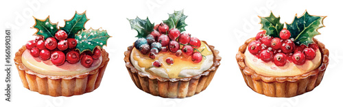 Watercolor sweet Christmas tartlets. A basket of shortbread cookies filled with a savory filling and decorated with cranberries or holly berries, with holly leaves. Savory Christmas pastries.