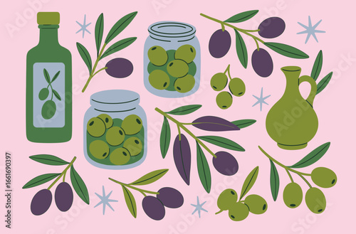 Retro Olive Food Illustration. Mediterranean food elements: olive oil bottles, branches with fruits, canned black and green olives. Illustration in funky, doodle style, trendy shapes