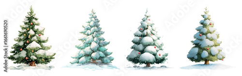 Set of snowy watercolor Christmas trees. Green Christmas trees covered with a thick layer of snow. Winter forest and park Christmas trees. Winter, Christmas and New Year concept. Vector illustration.