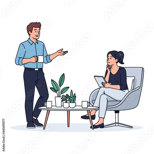 Dialogue in the Lounge: A detailed illustration showcases a dynamic discussion between a man and a woman, the man stands while the woman sits holding tablet in a well-lit living room.