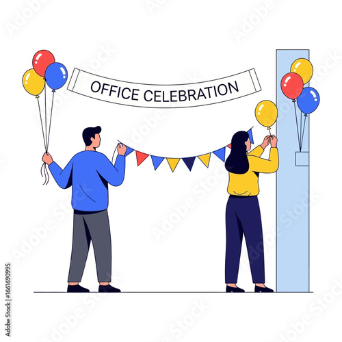 Office Celebration Setup: A dynamic vector illustration showing a vibrant office scene, with two colleagues putting the finishing touches on a festive office celebration setup.