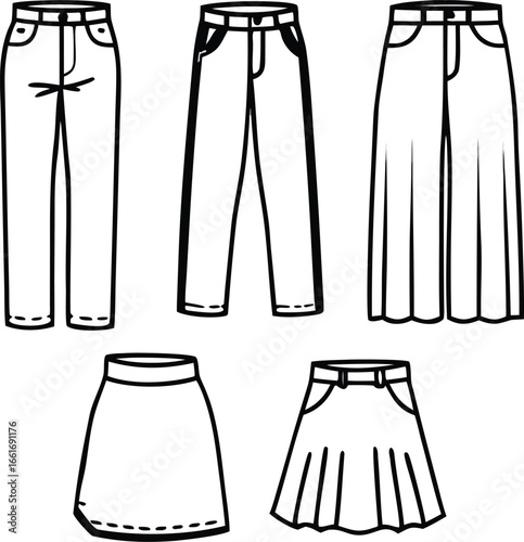 Vector art of collection of pants and skirts, including jeans, mini skirts, and pleated skirts.