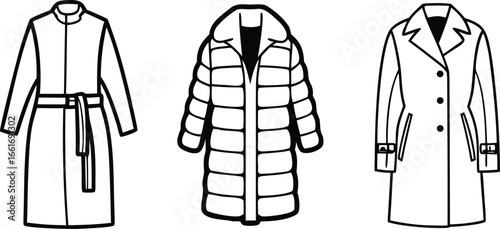 Vector art of three styles of women coats, including a belted trench coat, a puffer coat, and a button up coat.