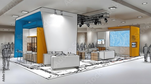 Concept de stand d'exposition moderne avec éléments colorés et écrans