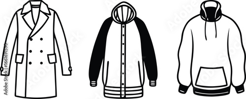 Vector art of minimalist line art collection of three outerwear pieces a trench coat, a varsity jacket, and a hoodie.