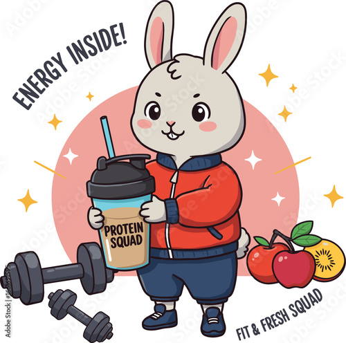 Kawaii fitness bunny with protein shake, dumbbells and fruits — cute gym mascot vector illustration (transparent)