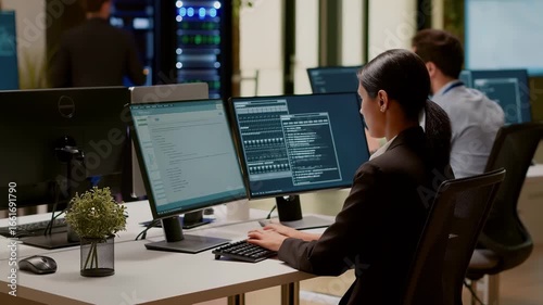 Two system administrators collaborating in a modern data center, inspecting server hardware while analyzing data displayed on computer screens, ensuring optimal performance and security