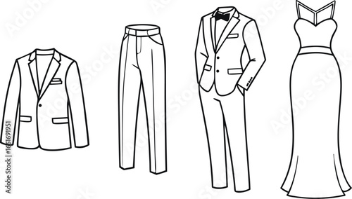 Vector art of formal wear assortment including a suit jacket, trousers, a tuxedo, and a formal gown.