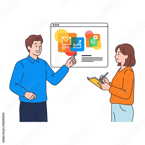 Digital Collaboration and Strategy: A scene depicting collaborative teamwork and digital strategy with two colleagues using an intuitive interface. 