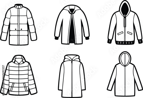Vector art of collection of six different styles of winter jackets and coats.