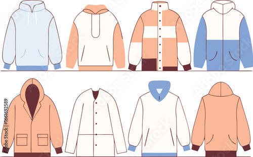 Vector art of collection of stylish outerwear including hoodies and jackets in various colors and designs.