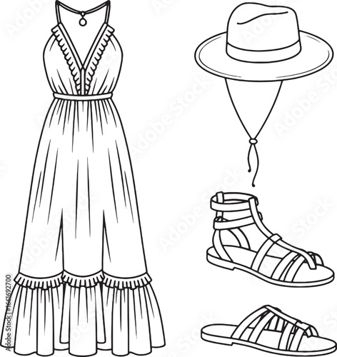 Black and white outline illustration of summer fashion including a maxi dress hat and sandals sundress