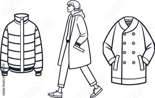 Vector art of fashionable clothing collection with a person modeling outerwear.