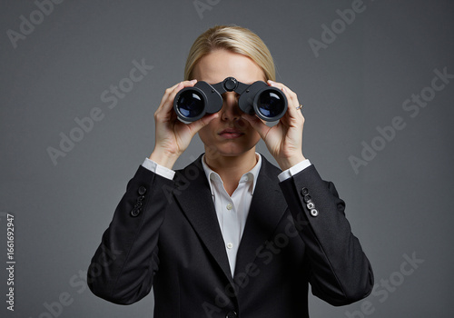Businesswoman observing through binoculars in modern studio setting  