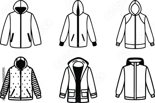 Vector art of variety of hooded jackets and coats, including windbreakers and parkas.