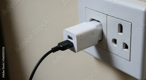 Modern White USB Power Adapter Plugged into a Wall Electrical Socket