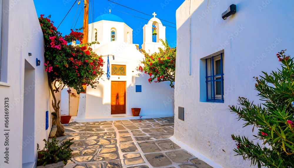 Naklejka premium Whitewashed village alley with church