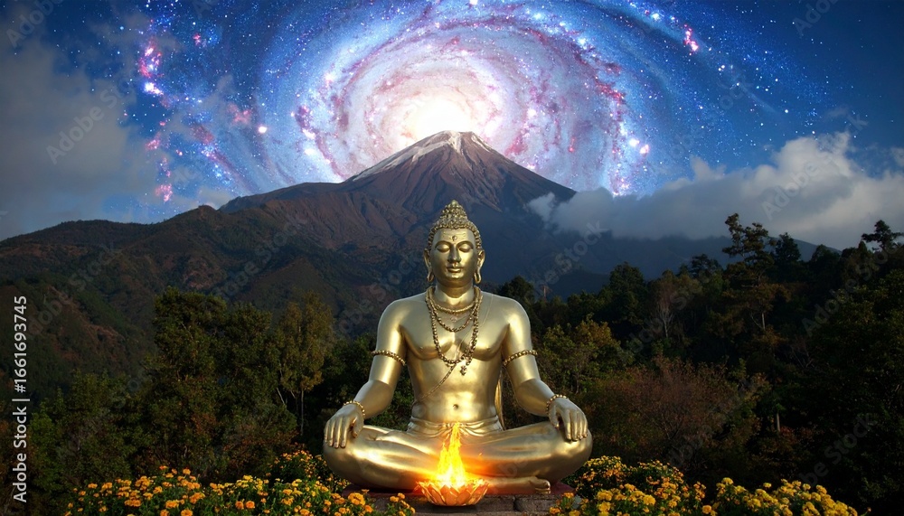 Fototapeta premium Golden statue meditation nature scene