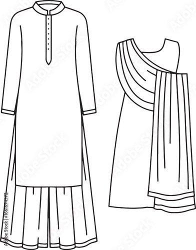 Indian Traditional Clothing Kurta and Salwar Kameez with Dupatta Line Art vector illustration