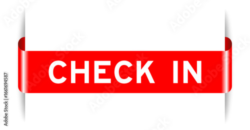 Red color inserted label banner with word check in on white background