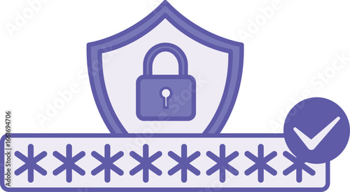 Colored Good Password Icon. Vector Illustration. Shield, Padlock, and Long Code. Additional Account Protection from Unauthorized Access. Concept Password and Data Security