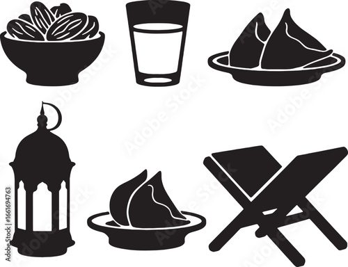 Islamic Symbols Ramadan Food and Drink Lantern and Quran Book Icons dates