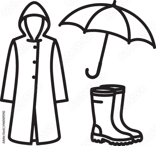 Rain Gear Collection With Raincoat Umbrella And Boots Line Art clothing outfit