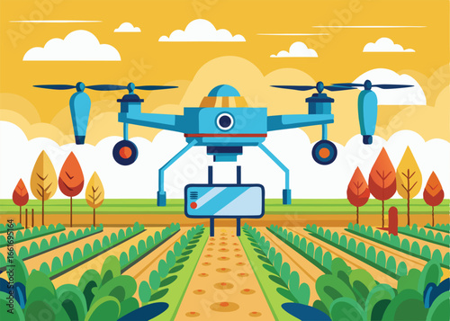 A colorful illustration depicting a drone performing agricultural monitoring in a field.