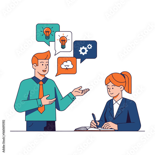 Idea Sharing & Collaborative Insight: An illustration of two professionals, engaged in an intellectual exchange, with thought bubbles bursting with icons of ideas, teamwork, and collaborative insight.