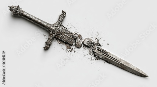 Ancient ornate sword shattering into fragments on white background.