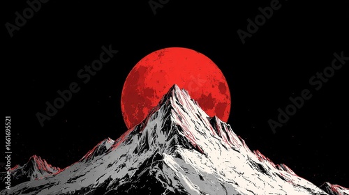Majestic snowy mountain peak under red sun with starry night sky backdrop.