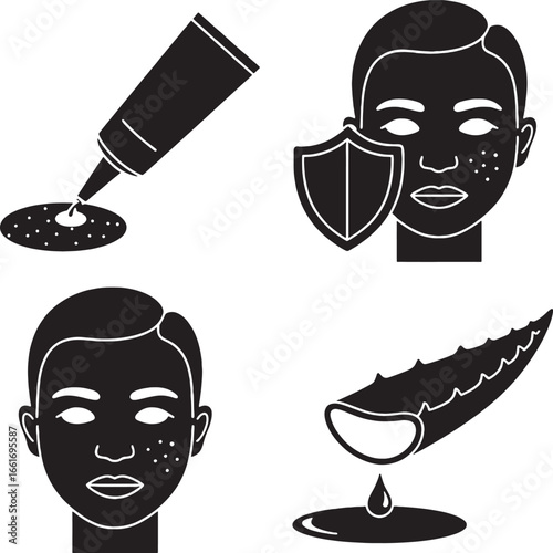 Skincare icons showing cream application aloe vera and protected face beauty cosmetic