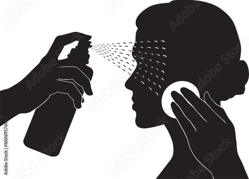 Woman applying facial mist spray with cotton pad in silhouette skincare beauty