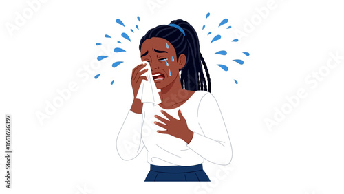 The Anguish: A sorrowful woman is rendered in a digital illustration, portrayed in a moment of profound sadness, with tears cascading as she clutches a tissue close to her heart.