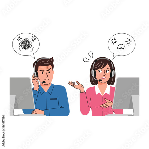 Customer Service Frustration: A graphic image captures the emotional turmoil of customer service with a man and woman struggling with frustration during calls.