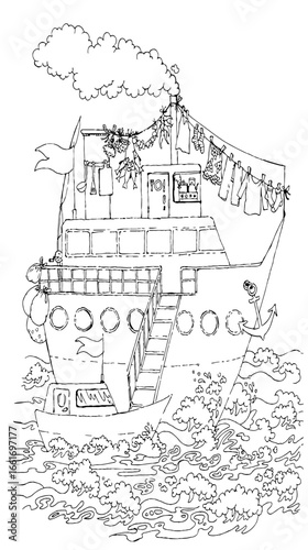 Pencil drawing. The gangway is lowered from the ship onto the boat.