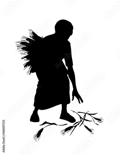 Vector drawing. A woman picks ears in the field