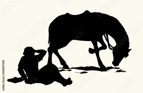 Vector drawing. A man fall from the horse