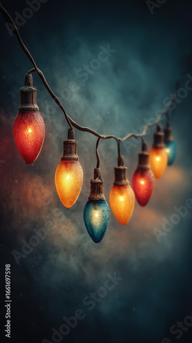 brightly lit colorful string lights hanging against a dark smoky background creating a warm and festive atmosphere