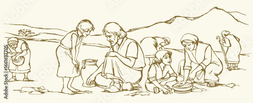 Vector illustration. People collecting manna in the desert.
